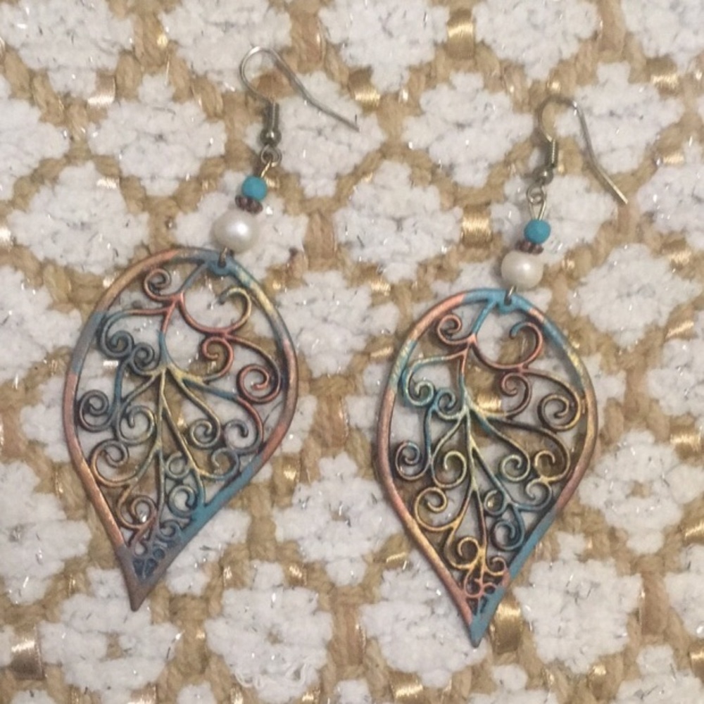 Copper Turquoise Large Lightweight Leaf Earrings - image 8